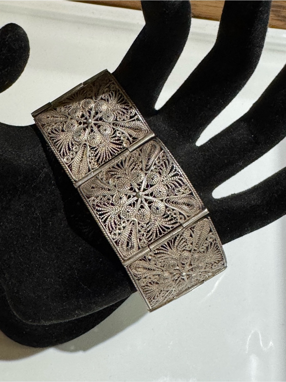 Antique Victorian Sterling Silver Filigree Panel Bracelet & Safety Chain